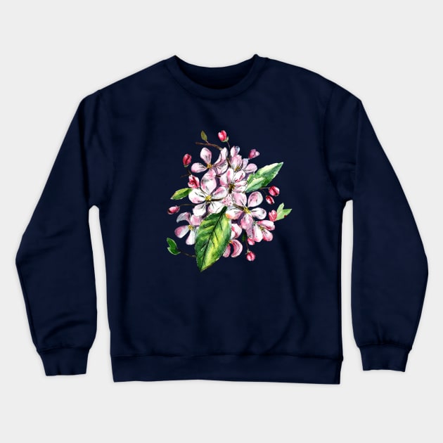 Apple Blossom Flowers Watercolor Painting Crewneck Sweatshirt by Ratna Arts